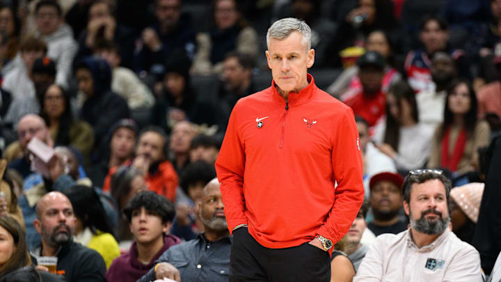 Jan 1, 2025; Washington, District of Columbia, USA; Chicago Bulls head coach Billy Donovan looks on during the second quarter against the Washington Wizards at Capital One Arena. 