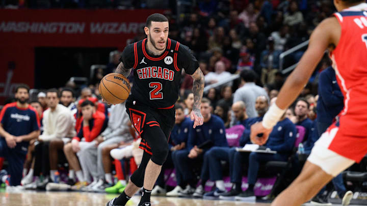 Jan 1, 2025; Washington, District of Columbia, USA; Chicago Bulls guard Lonzo Ball (2) handles the ball during the third quarter against the Washington Wizards at Capital One Arena. Mandatory Credit: Reggie Hildred-Imagn Images Jan 1, 2025; Washington, District of Columbia, USA; Chicago Bulls guard Lonzo Ball (2) handles the ball during the third quarter against the Washington Wizards at Capital One Arena. Mandatory Credit: Reggie Hildred-Imagn Images