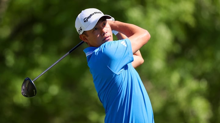 Collin Morikawa hits his tee shot on the 5th hole at the Masters