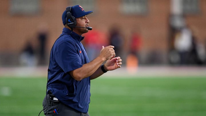 Sep 15, 2023; College Park, Maryland, USA; Virginia Cavaliers head coach Tony Elliott looks on during the first quarter against the Maryland Terrapins at SECU Stadium. Mandatory Credit: Reggie Hildred-Imagn Images