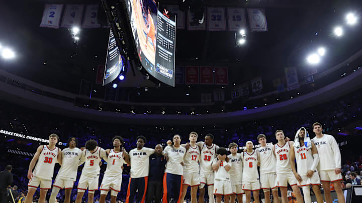 Mar 22, 2026; Philadelphia, PA, USA; The Virginia Cavaliers react after losing to the Tennessee Volunteers in the second round game of the men's 2026 NCAA Tournament at Xfinity Mobile Arena. Mandatory Credit: Bill Streicher-Imagn Images