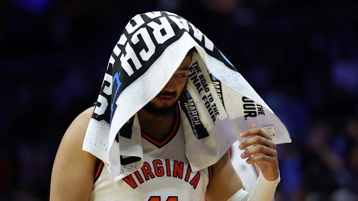 Mar 22, 2026; Philadelphia, PA, USA; Virginia Cavaliers forward Devin Tillis (11) reacts after losing to the Tennessee Volunteers in the second round game of the men's 2026 NCAA Tournament at Xfinity Mobile Arena. Mandatory Credit: Bill Streicher-Imagn Images