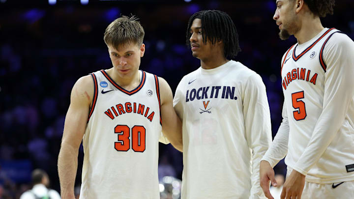 Mar 22, 2026; Philadelphia, PA, USA; Virginia Cavaliers guard Dallin Hall (30) reacts against the Tennessee Volunteers in the second half during a second round game of the men's 2026 NCAA Tournament at Xfinity Mobile Arena. Mandatory Credit: Bill Streicher-Imagn Images