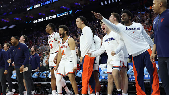 Mar 22, 2026; Philadelphia, PA, USA; Virginia Cavaliers forward Devin Tillis (11) reacts in the second half during a second round game of the men's 2026 NCAA Tournament at Xfinity Mobile Arena. Mandatory Credit: Bill Streicher-Imagn Images