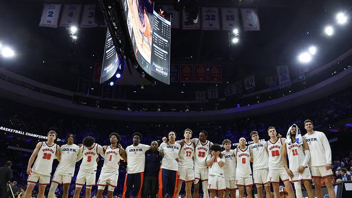 Mar 22, 2026; Philadelphia, PA, USA; The Virginia Cavaliers react after losing to the Tennessee Volunteers in the second round game of the men's 2026 NCAA Tournament at Xfinity Mobile Arena. Mandatory Credit: Bill Streicher-Imagn Images Mar 22, 2026; Philadelphia, PA, USA; The Virginia Cavaliers react after losing to the Tennessee Volunteers in the second round game of the men's 2026 NCAA Tournament at Xfinity Mobile Arena. Mandatory Credit: Bill Streicher-Imagn Images