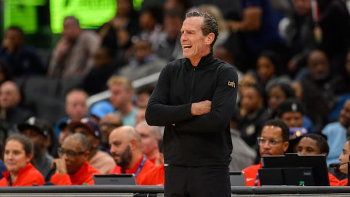 Oct 26, 2024; Washington, District of Columbia, USA; Cleveland Cavaliers head coach Kenny Atkinson looks on from the sideline during the fourth quarter against the Washington Wizards at Capital One Arena. Mandatory Credit: Reggie Hildred-Imagn Images