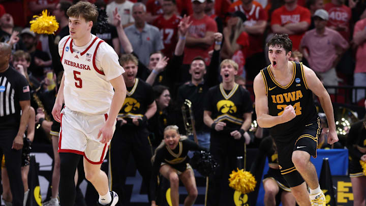 Mar 26, 2026; Houston, TX, USA; Iowa Hawkeyes guard Tate Sage (24) reacts in the second half during a Sweet Sixteen game of the South Regional of the men's 2026 NCAA Tournament at Toyota Center.