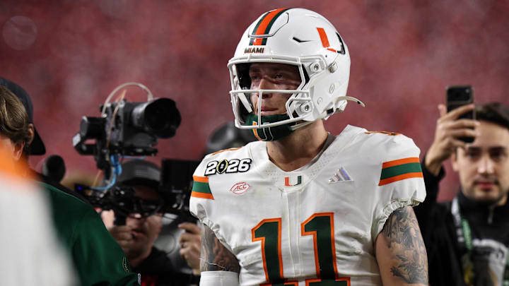 Miami Hurricanes quarterback Carson Beck (11) reacts after the College Football Playoff National Championship game