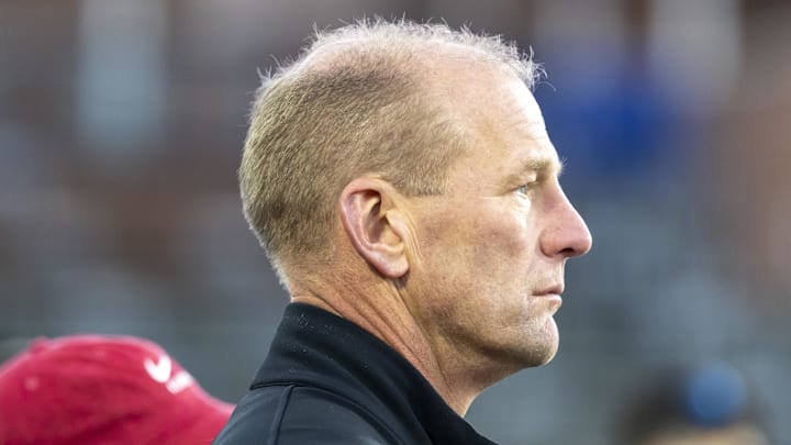 Alabama head football coach Kalen DeBoer watches on the field during American Senior Bowl practice at Hancock Whitney Stadium..