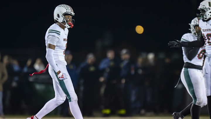 Lawrence North High School sophomore Monshun Sales (1) reacts after recovering a Brownsburg High School fumble during the second half of an IHSAA Class 6A Regional Championship game, Friday, Nov. 15, 2024, at Brownsburg High School. Brownsburg won, 22-21.
