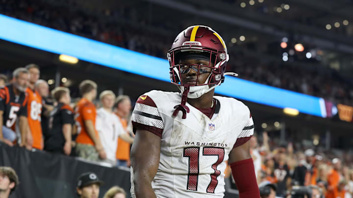 Sep 23, 2024; Cincinnati, Ohio, USA; Washington Commanders wide receiver Terry McLaurin (17) reacts after catching the game winning touchdown during the fourth quarter against the Cincinnati Bengals at Paycor Stadium. Mandatory Credit: Joseph Maiorana-Imagn Images
