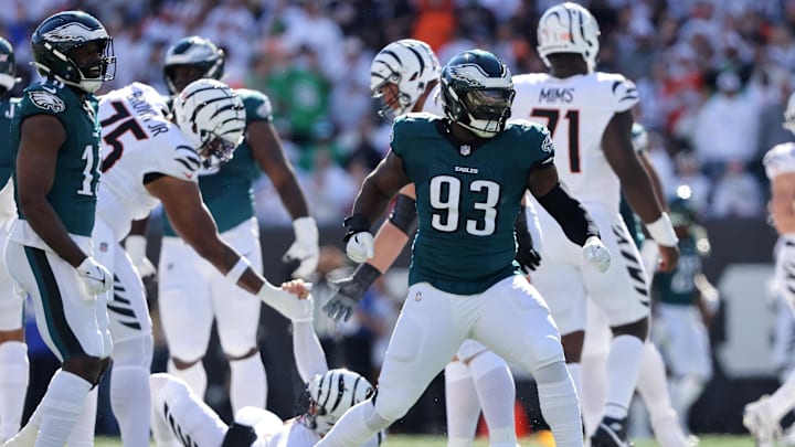 Oct 27, 2024; Cincinnati, Ohio, USA;  Philadelphia Eagles defensive tackle Milton Williams (93) celebrates the sack and during the first quarter against the Cincinnati Bengals at Paycor Stadium. Mandatory Credit: Joseph Maiorana-Imagn Images