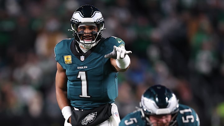 Nov 16, 2025; Philadelphia, Pennsylvania, USA; Philadelphia Eagles quarterback Jalen Hurts (1) reacts against the Detroit Lions during the first half at Lincoln Financial Field. 