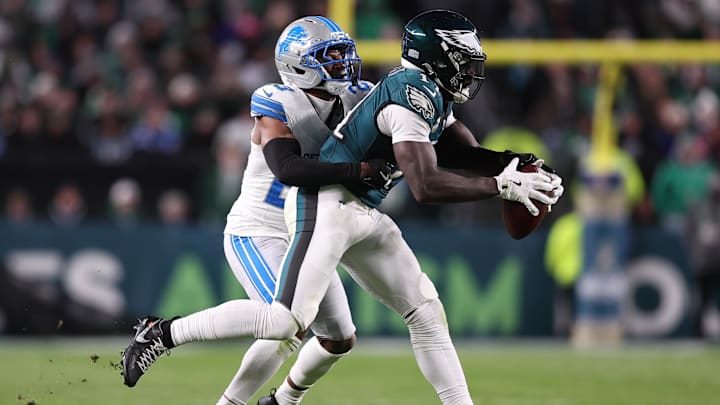 Nov 16, 2025; Philadelphia, Pennsylvania, USA; Philadelphia Eagles wide receiver A.J. Brown (11) makes a catch against Detroit Lions cornerback Rock Ya-Sin (23) during the second half at Lincoln Financial Field. Mandatory Credit: Bill Streicher-Imagn Images