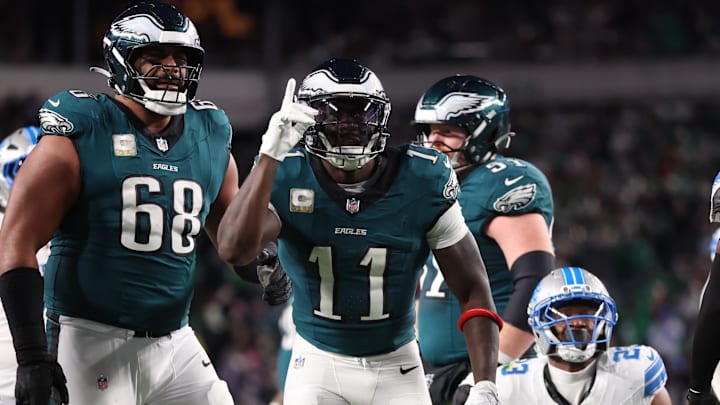 Nov 16, 2025; Philadelphia, Pennsylvania, USA; Philadelphia Eagles wide receiver A.J. Brown (11) reacts against the Detroit Lions during the first half at Lincoln Financial Field. Mandatory Credit: Bill Streicher-Imagn Images