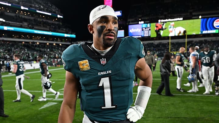 Nov 16, 2025; Philadelphia, Pennsylvania, USA; Philadelphia Eagles quarterback Jalen Hurts (1) reacts after the game against the Detroit Lions at Lincoln Financial Field. Nov 16, 2025; Philadelphia, Pennsylvania, USA; Philadelphia Eagles quarterback Jalen Hurts (1) reacts after the game against the Detroit Lions at Lincoln Financial Field.