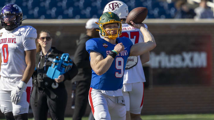 Jan 28, 2026; Mobile, AL, USA; National Team quarterback Cole Payton (9) of North Dakota State passes during National Senior Bowl practice at Hancock Whitney Stadium.