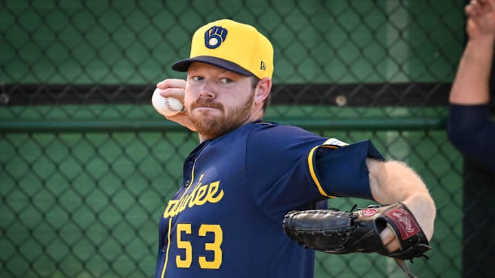 Milwaukee Brewers pitcher Brandon Woodruff (53) throws in the bullpen during spring training workouts Tuesday, February 18, 2025, at American Family Fields of Phoenix in Phoenix, Arizona.