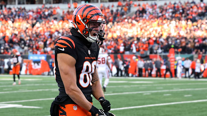 Cincinnati Bengals wide receiver Andrei Iosivas (80) celebrates a first down catch during the fourth quarter against the Cleveland Browns at Paycor Stadium. 
