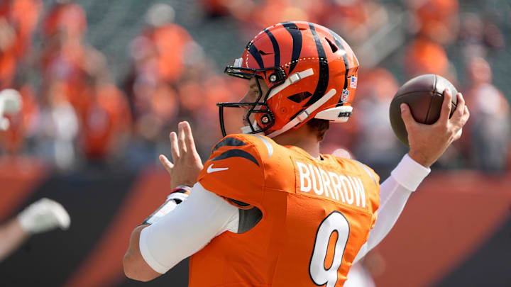 Cincinnati Bengals quarterback Joe Burrow warms-up before facing the and Jacksonville Jaguars.