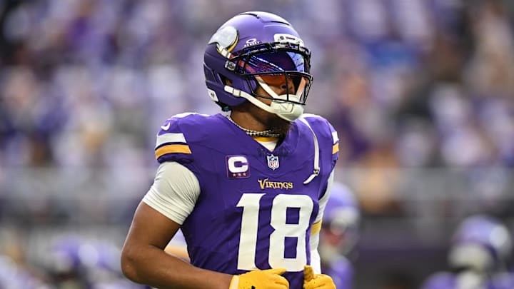 Minnesota Vikings wide receiver Justin Jefferson (18) practices before the game at U.S. Bank Stadium. Minnesota Vikings wide receiver Justin Jefferson (18) practices before the game at U.S. Bank Stadium.