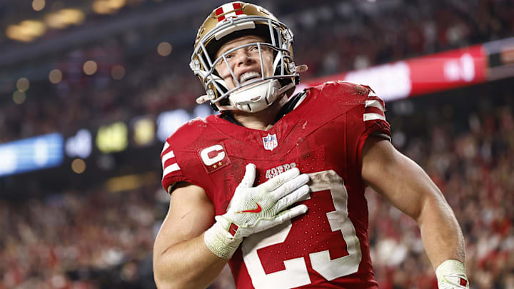 San Francisco 49ers running back Christian McCaffrey (23) reacts after scoring a touchdown against the Carolina Panthers during the second half at Levi's Stadium. 
