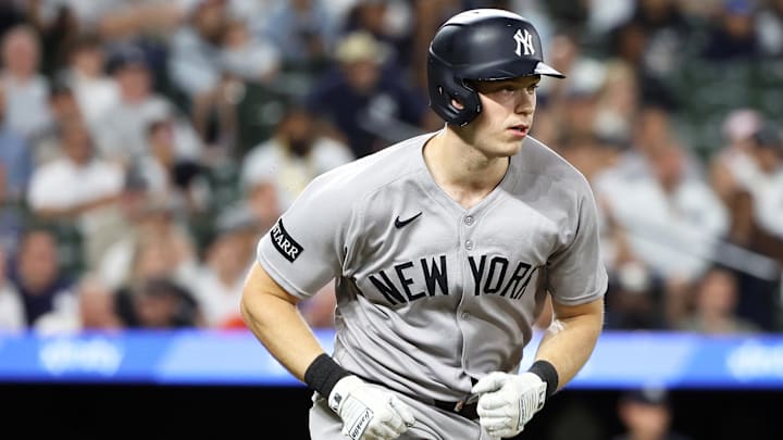 New York Yankees catcher Ben Rice (22) runs to first during the ninth inning against the Baltimore Orioles at Oriole Park at Camden Yards. New York Yankees catcher Ben Rice (22) runs to first during the ninth inning against the Baltimore Orioles at Oriole Park at Camden Yards.