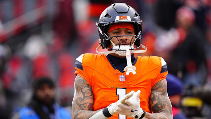 Jan 25, 2026; Denver, CO, USA; Denver Broncos tight end Evan Engram (1) practices before the 2026 AFC Championship Game at Empower Field at Mile High. Mandatory Credit: Ron Chenoy-Imagn Images Jan 25, 2026; Denver, CO, USA; Denver Broncos tight end Evan Engram (1) practices before the 2026 AFC Championship Game at Empower Field at Mile High. Mandatory Credit: Ron Chenoy-Imagn Images