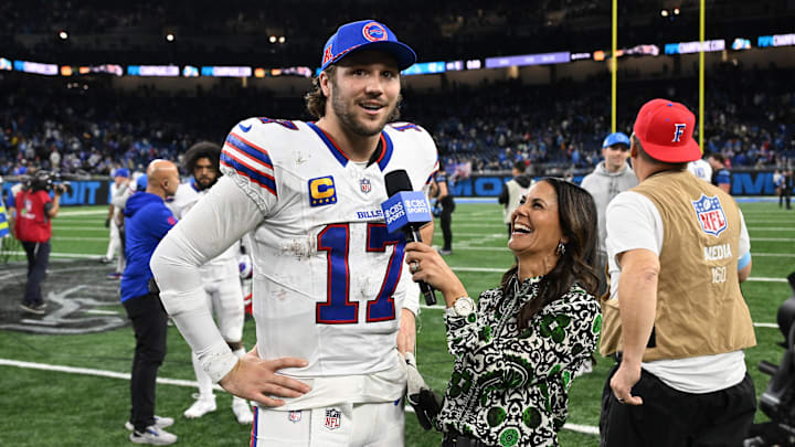 Dec 15, 2024; Detroit, Michigan, USA; Buffalo Bills quarterback Josh Allen (17) talks with CBS reporter Tracy Wolfson after the Bills win over the Detroit Lions at Ford Field. Mandatory Credit: Lon Horwedel-Imagn Images
