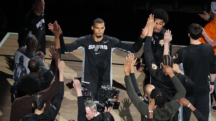 Jun 3, 2026; San Antonio, Texas, USA; San Antonio Spurs forward Victor Wembanyama (1) takes the floor before game one of the 2026 NBA Finals at Frost Bank Center. Mandatory Credit: Scott Wachter-Imagn Images