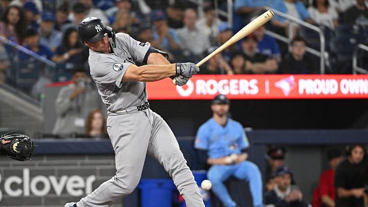Jun 14, 2026; Toronto, Ontario, CAN; New York Yankees first base Paul Goldschmidt (48) hits an infield single in the ninth inning against the Toronto Blue Jays at Rogers Centre. Jun 14, 2026; Toronto, Ontario, CAN; New York Yankees first base Paul Goldschmidt (48) hits an infield single in the ninth inning against the Toronto Blue Jays at Rogers Centre.