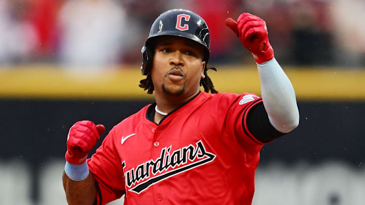 Sep 28, 2024; Cleveland, Ohio, USA; Cleveland Guardians third baseman Jose Ramirez (11) rounds the bases after hitting a home run during the first inning against the Houston Astros at Progressive Field. Sep 28, 2024; Cleveland, Ohio, USA; Cleveland Guardians third baseman Jose Ramirez (11) rounds the bases after hitting a home run during the first inning against the Houston Astros at Progressive Field.