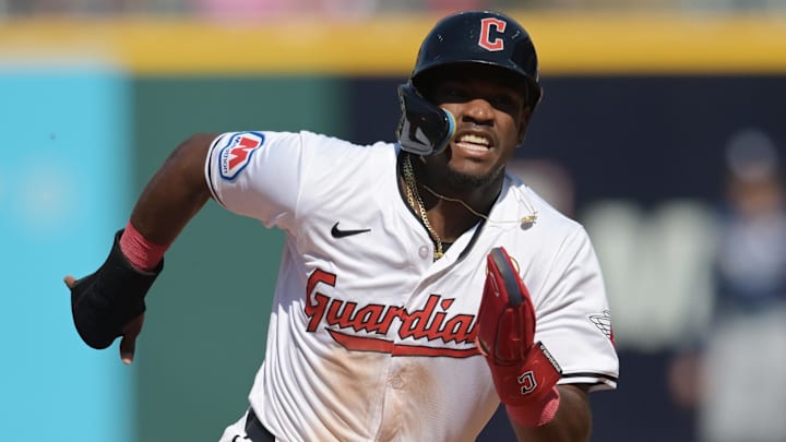 Sep 15, 2024; Cleveland, Ohio, USA; Cleveland Guardians left fielder Angel Martinez (1) advances to third during the fifth inning against the Tampa Bay Rays at Progressive Field.