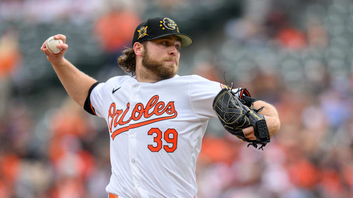May 19, 2024; Baltimore, Maryland, USA; Baltimore Orioles pitcher Corbin Burnes (39) throws a pitch during the first inning against the Seattle Mariners at Oriole Park at Camden Yards.