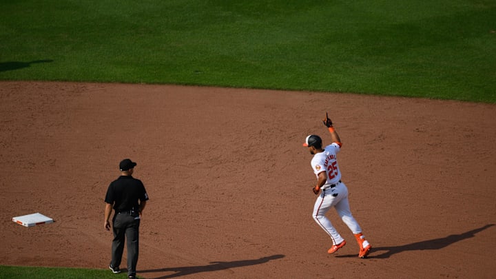 Baltimore Orioles outfielder Anthony Santander (25) rounds second base after hitting a home run against the Toronto Blue Jays during the sixth inning at Oriole Park at Camden Yards.