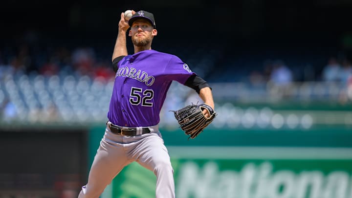 Jul 26, 2023; Washington, District of Columbia, USA; Colorado Rockies relief pitcher Daniel Bard (52) throws a pitch during the ninth inning against the Washington Nationals at Nationals Park.