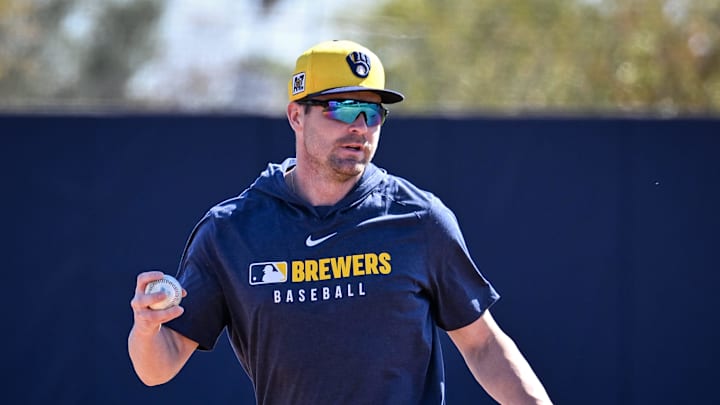 Milwaukee Brewers infielder Tyler Black looks to throw during spring training workouts Saturday, February 15, 2025, at the American Family Fields of Phoenix in Phoenix, Arizona.