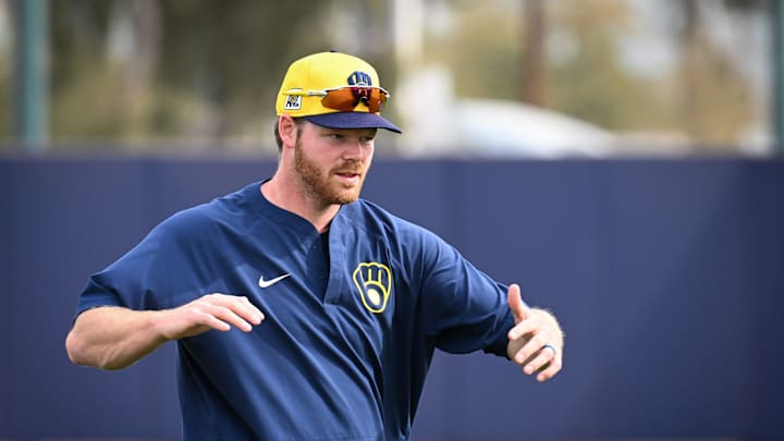 Milwaukee Brewers pitcher Brandon Woodruff (53) stretches during spring training workouts Monday, February 17, 2025, at American Family Fields of Phoenix in Phoenix, Arizona.
