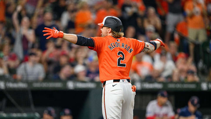 Baltimore Orioles shortstop Gunnar Henderson (2) celebrates after hitting a home run during the sixth inning against the Boston Red Sox at Oriole Park at Camden Yards in 2024.