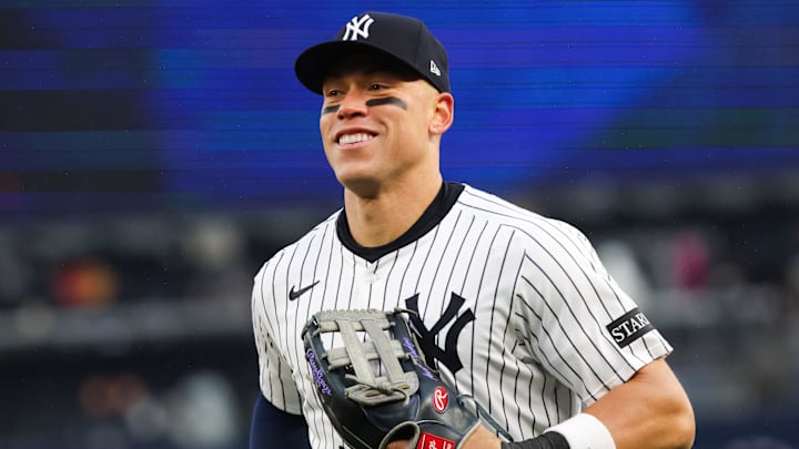 Bronx, New York, USA; New York Yankees outfielder Aaron Judge (99) reacts after catching a pop fly against the San Francisco Giants during the eighth inning at Yankee Stadium.