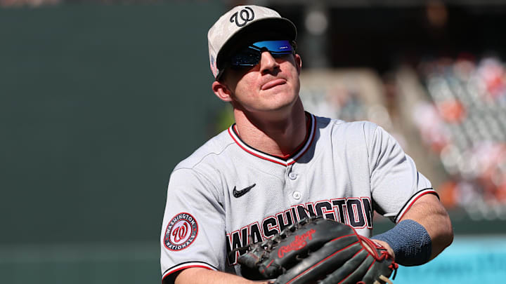 Baltimore, Maryland, USA; Washington Nationals outfielder Jacob Young (30) looks on before a game against the Baltimore Orioles at Oriole Park at Camden Yards.