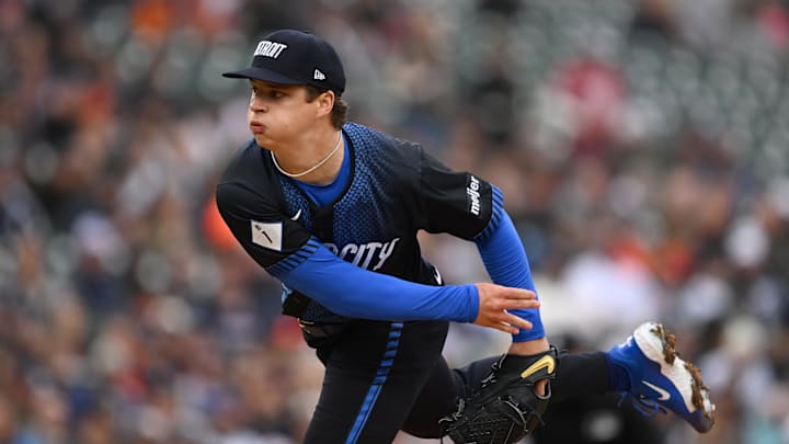 Detroit Tigers starting pitcher Jackson Jobe (21) throws a pitch against the Cleveland Guardians in the first inning at Comerica Park on May 23.