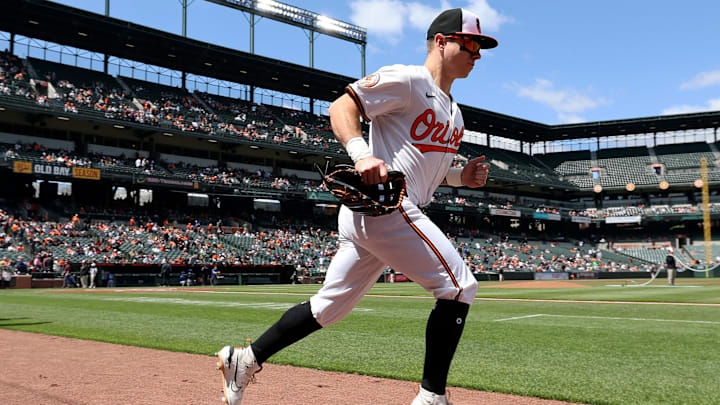 Baltimore, Maryland, USA; Baltimore Orioles outfielder Tyler O'Neill (9) runs on to the field before a game against the Toronto Blue Jays at Oriole Park at Camden Yards. Baltimore, Maryland, USA; Baltimore Orioles outfielder Tyler O'Neill (9) runs on to the field before a game against the Toronto Blue Jays at Oriole Park at Camden Yards.
