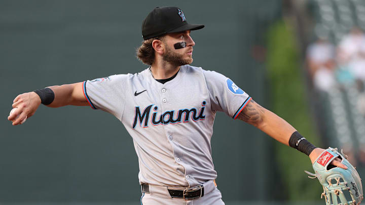 Jul 11, 2025; Baltimore, Maryland, USA; Miami Marlins third baseman Connor Norby (1) throws to first before the second inning against the Baltimore Orioles at Oriole Park at Camden Yards. Mandatory Credit: Daniel Kucin Jr.-Imagn Images Jul 11, 2025; Baltimore, Maryland, USA; Miami Marlins third baseman Connor Norby (1) throws to first before the second inning against the Baltimore Orioles at Oriole Park at Camden Yards. Mandatory Credit: Daniel Kucin Jr.-Imagn Images