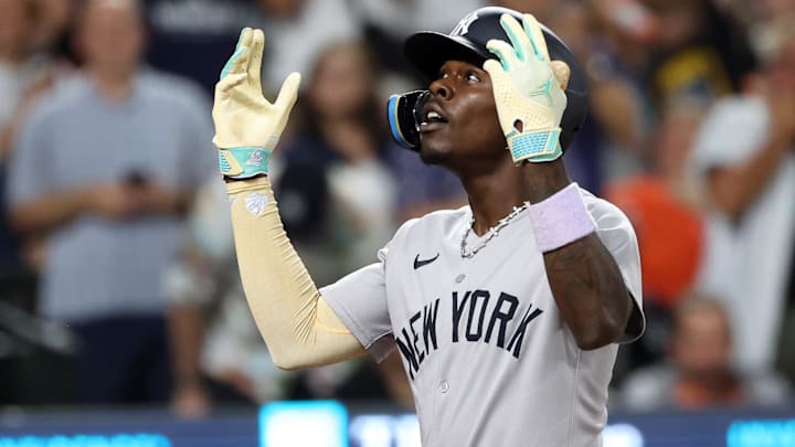 Sep 19, 2025; Baltimore, Maryland, USA; New York Yankees second baseman Jazz Chisholm Jr. (13) celebrates after hitting a home run during the seventh inning against the Baltimore Orioles at Oriole Park at Camden Yards. Mandatory Credit: Daniel Kucin Jr.-Imagn Images