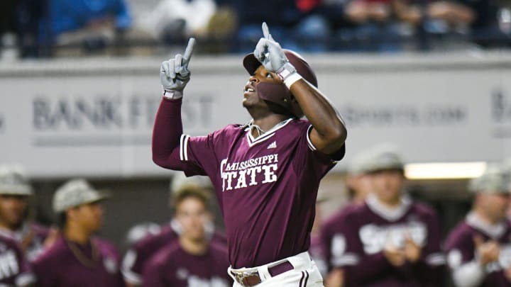 Mississippi State outfielder Dakota Jordan (42) hits a two run home run against Ole Miss in the 6th inning at Swayze Field in Oxford, Miss., on Friday, Apr. 12, 2024.
