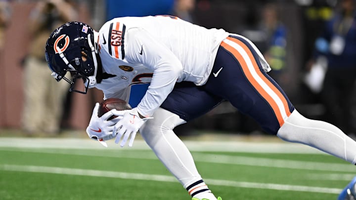 Nov 28, 2024; Detroit, Michigan, USA; Chicago Bears wide receiver Keenan Allen (13) catches a touchdown pass against the Detroit Lions in the third quarter at Ford Field.  