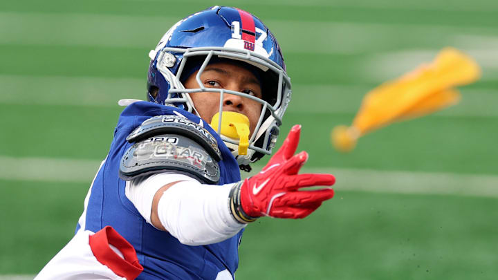 Dec 21, 2025; East Rutherford, New Jersey, USA; New York Giants wide receiver Wan'Dale Robinson (17) reacts after a penalty against the Minnesota Vikings during the first half at MetLife Stadium.  