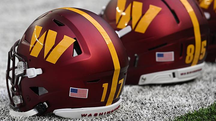 A detail view of the Washington Commanders helmet before the game.