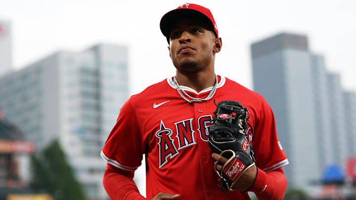 Jun 13, 2025; Baltimore, Maryland, USA; Los Angeles Angels catcher Christian Moore (4) runs off of the field before a game against the Baltimore Orioles at Oriole Park at Camden Yards. Mandatory Credit: Daniel Kucin Jr.-Imagn Images